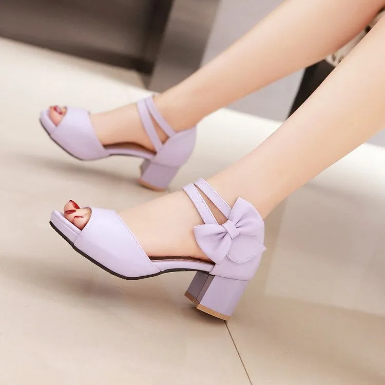 Women's Solid Color Peep Toe Ankle Strap Butterfly Knot Block Heels Sandals