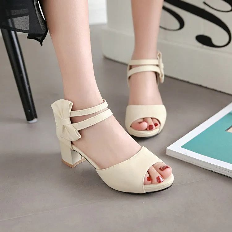 Women's Solid Color Peep Toe Ankle Strap Butterfly Knot Block Heels Sandals