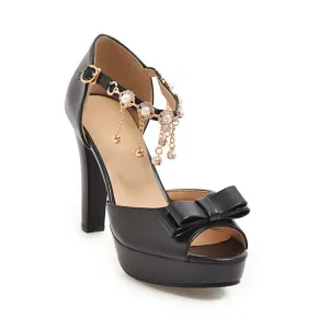 Women's Solid Color Peep Toe Butterfly Knot High Heel Ankle Strap Pearls Chains Rhinestone Platform Sandals