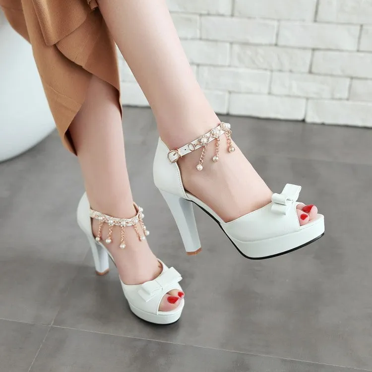 Women's Solid Color Peep Toe Butterfly Knot High Heel Ankle Strap Pearls Chains Rhinestone Platform Sandals