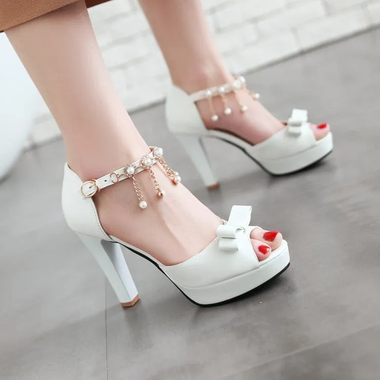 Women's Solid Color Peep Toe Butterfly Knot High Heel Ankle Strap Pearls Chains Rhinestone Platform Sandals