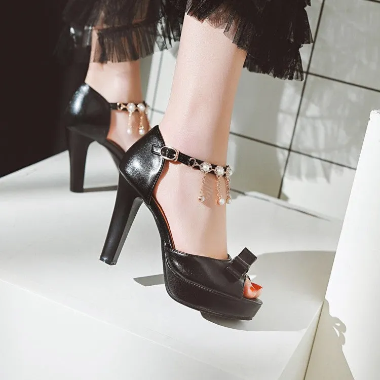 Women's Solid Color Peep Toe Butterfly Knot High Heel Ankle Strap Pearls Chains Rhinestone Platform Sandals