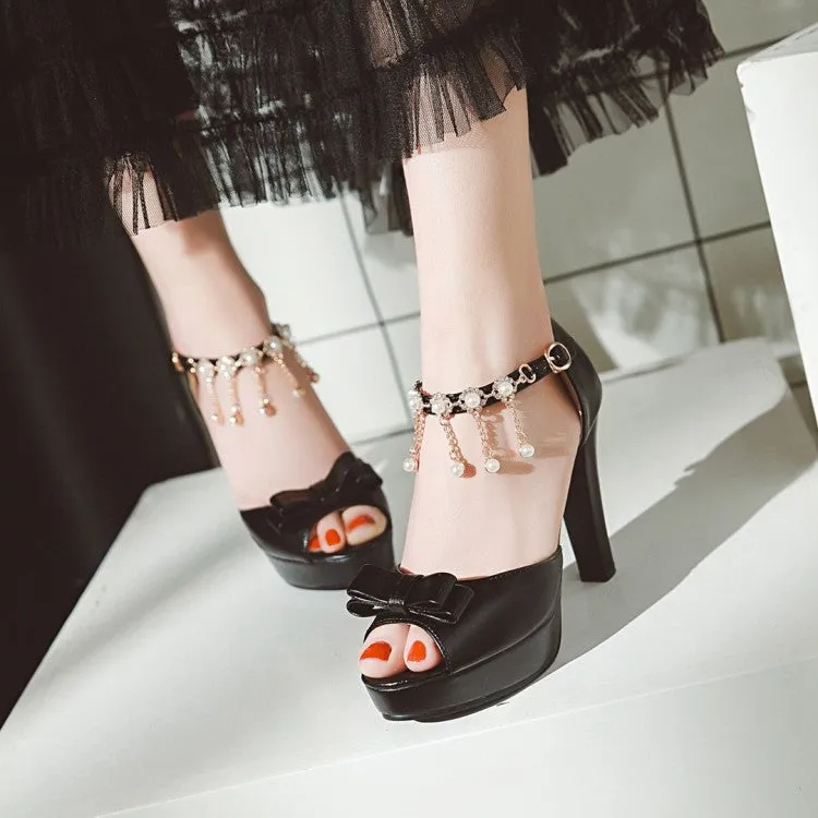 Women's Solid Color Peep Toe Butterfly Knot High Heel Ankle Strap Pearls Chains Rhinestone Platform Sandals