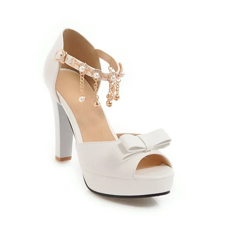 Women's Solid Color Peep Toe Butterfly Knot High Heel Ankle Strap Pearls Chains Rhinestone Platform Sandals
